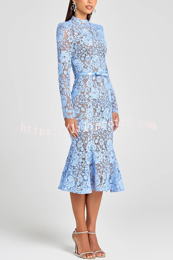 Feminine and Elegant Flower Lace Long Sleeve Bow Belted Flare Midi Dress