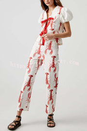 Fun Vacation Lobster Print Front Tie-up Puff Sleeve Loose Shirt