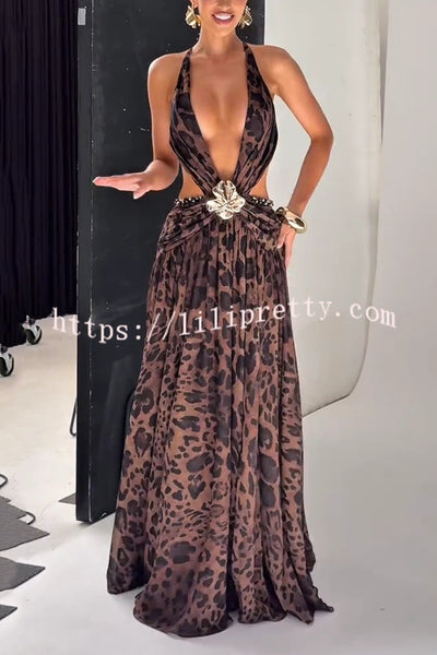 Kinara Leopard Print Deep V-neck Metal Flower Hollow Beads Detail Slit Maxi Dress