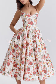 Fairy Tale Gorgeous Italian Rose Print Tulle Pocketed Slip Midi Dress