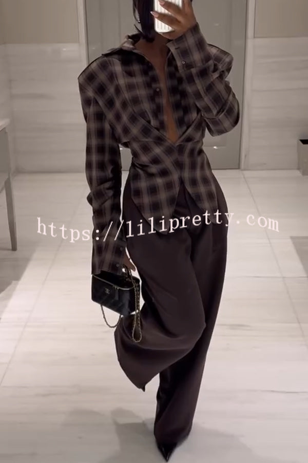 Vintage Plaid Shoulder Pad Buttons Long Sleeve Angled Hem Shirt