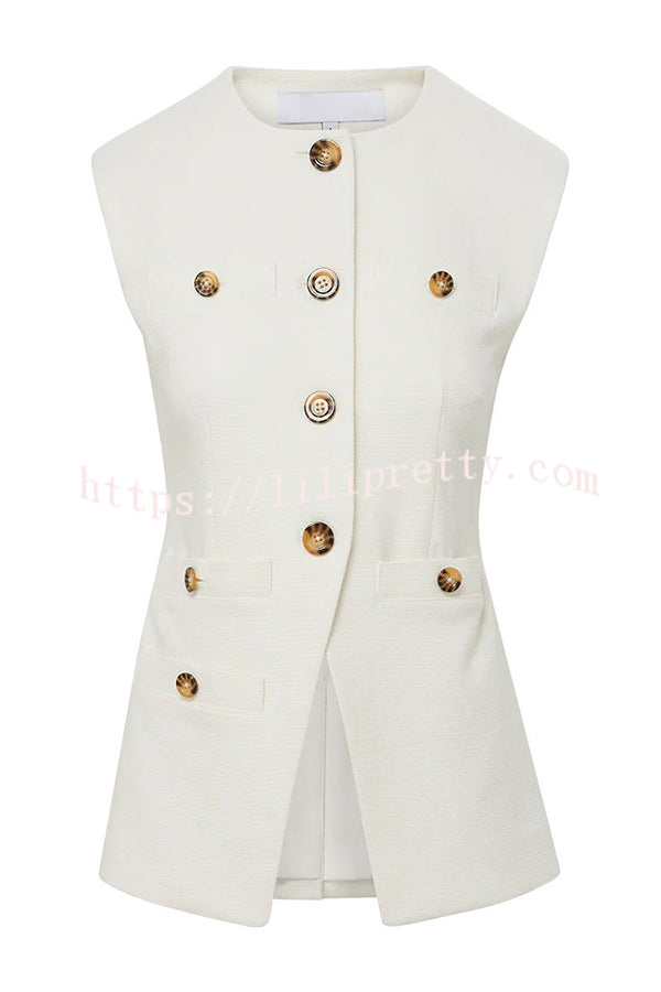 Impeccable Textured Fabric Button Up Princess Seams Vest Top