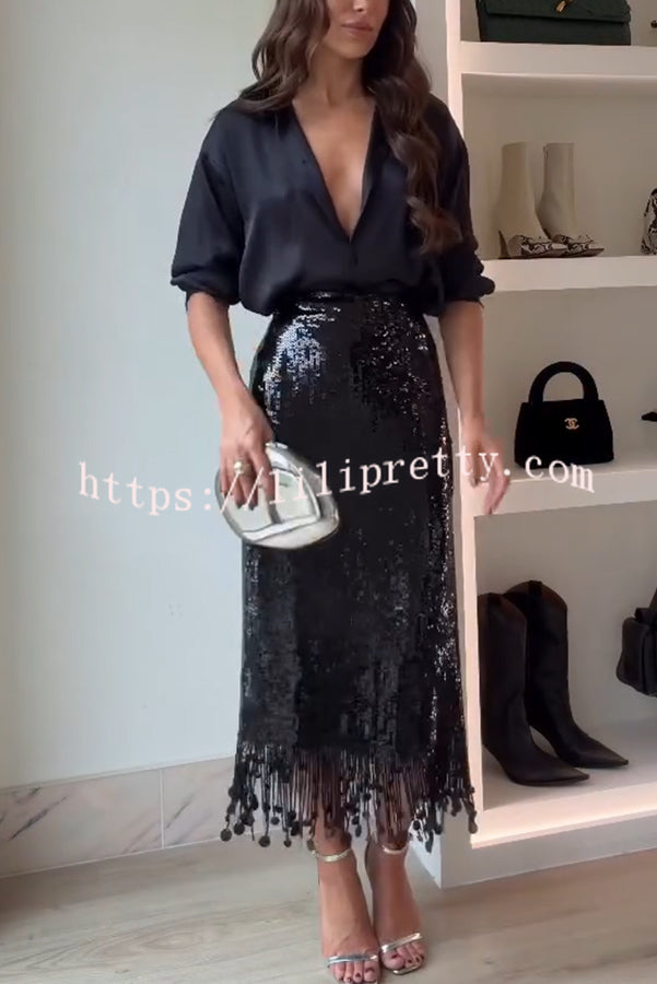 City Queen Sequin Tassel Round Pieces High Rise Back Zipper Midi Skirt