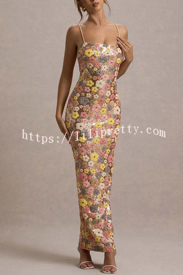 80's Inspired Floral Print Sequin Square Neck Slip Stretch Maxi Dress