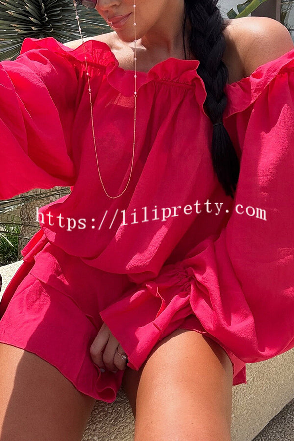 Arnell Linen Blend Off Shoulder Balloon Sleeve Shirt and Elastic Waist Layered Shorts Set