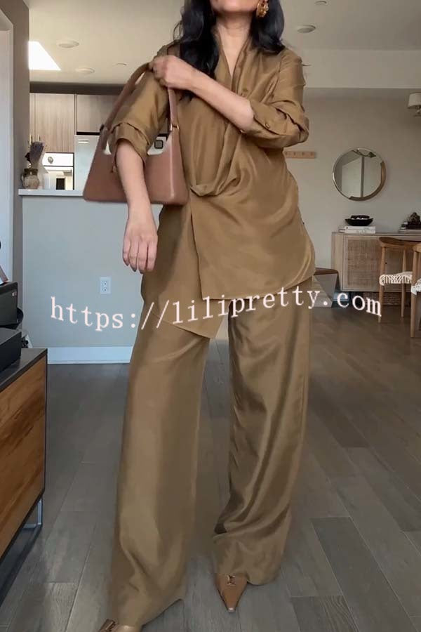 Bella Satin Drape Collar Single Button Casual Blazer and Elastic Waist Pocket Loose Pants Set