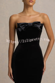 Illusion Velvet Bandeau neck Bow detail Stretch Maxi Dress