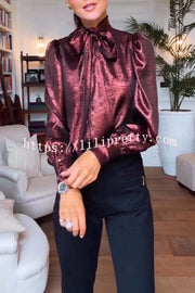 Ariella Metallic Satin Fabric Tie-up Bow Neck Long Sleeve Blouse