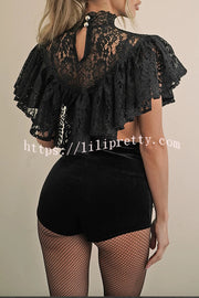 Avina Lace Bow Detail High Neck Cascading Ruffles Cropped Cape Top