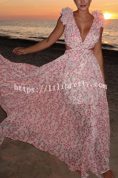 Lilipretty® Lost in The Melody Chiffon Printed Flutter Sleeve Cutout Back Lace-up Maxi Dress
