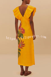 Plant Print V-neck Open Back Holiday Style Slit Midi Dress