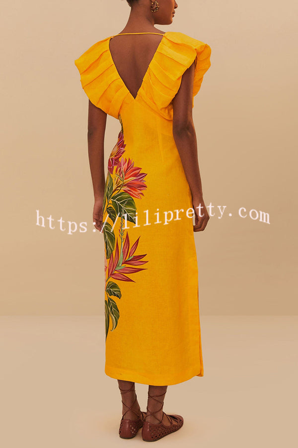 Plant Print V-neck Open Back Holiday Style Slit Midi Dress