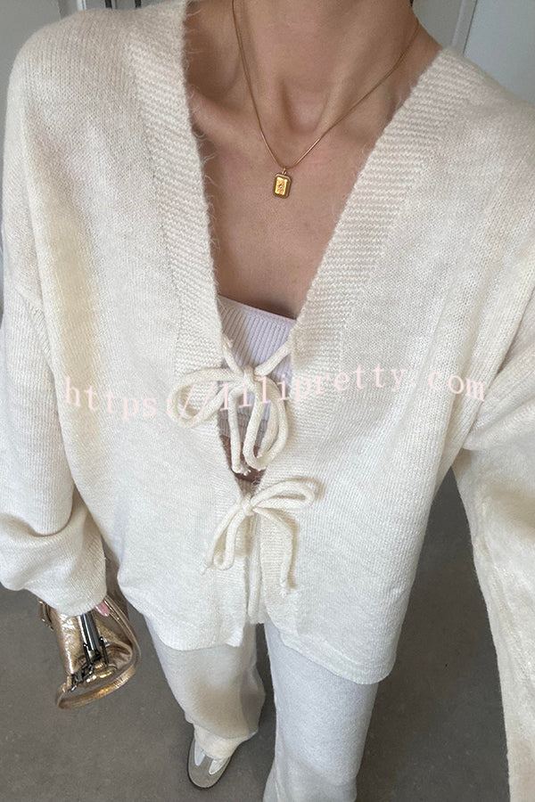 Solid Color V-neck Tie Long-sleeved Loose Knit Cardigan and Elastic Waist Casual Straight Leg Pants Set