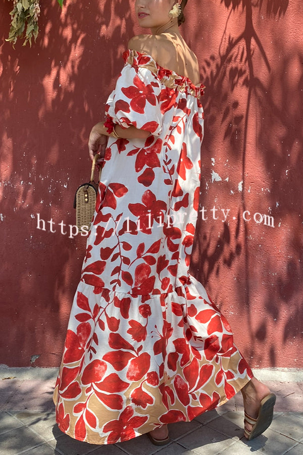 Floral Print Off-The-Shoulder Puff Sleeve Loose Holiday Maxi Dress