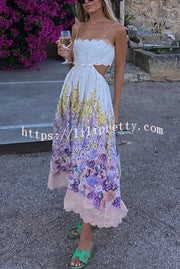 Cabo Sunsets Floral Print Petal Trim Back Lace-up Pocket Midi Dress