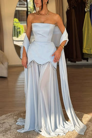 Jiya Satin Petal Hem Pearl Detail Chiffon Cape Strapless Maxi Dress