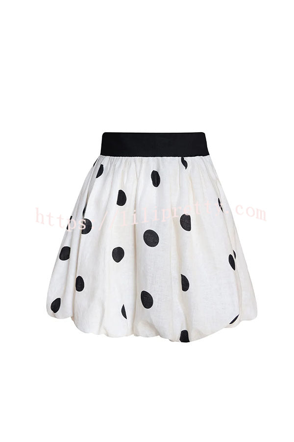 Helsee Linen Blend Polka Dot Print Elastic Waist Bubble Mini Skirt