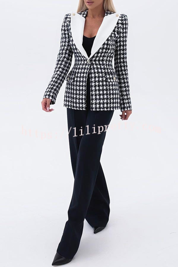 Sensibly Chic Houndstooth Tweed Fabric Long Sleeve Lapel Blazer