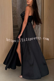 Solid Color Suspender Back Pleated Elegant Slit Full Hem Maxi Dress