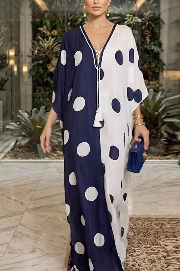 Lucia Chiffon Contrast Color Polka Dot Print Tie-up Neck Kaftan