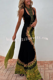 Summer Adventures Tie-dye Print Back Lace-up Stretch Maxi Dress