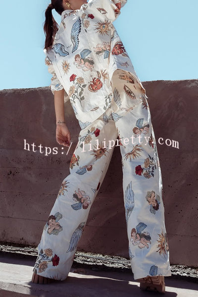 Angel Wings Denim Unique Print Mid Rise Pocket Loose Pants