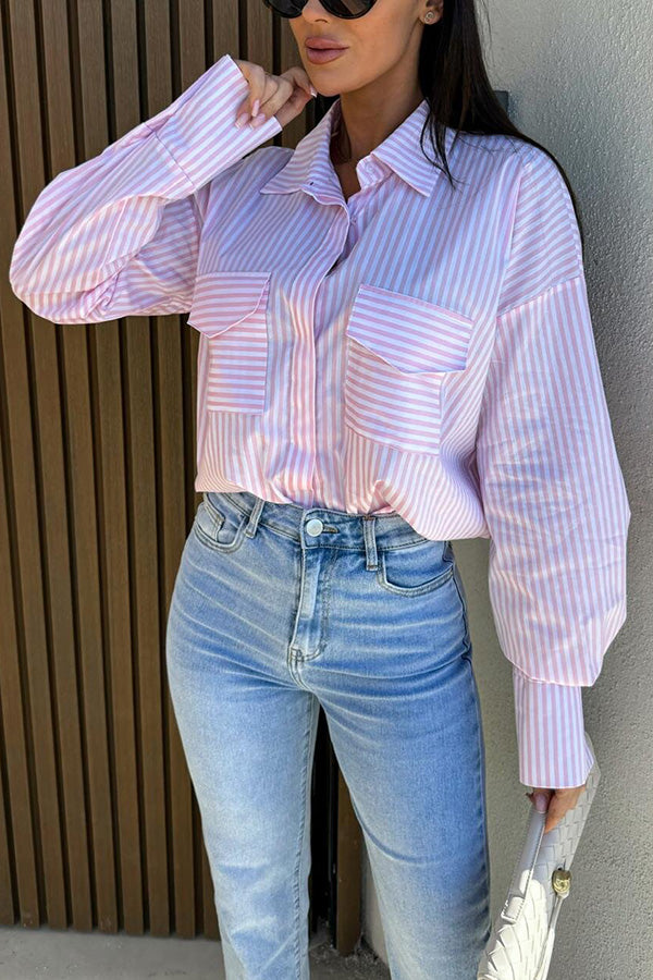 Stripe Print Lapel Long Sleeve Pocket Casual Shirt
