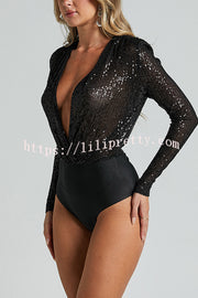 Alora Sequin Wrap Front Plunge Neck Long Sleeve Bodysuit