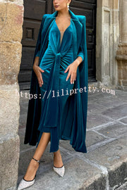 Elisabeth Luxurious Velvet Padded Shoulders Long Sleeve Twist Waist Drape Midi Dress