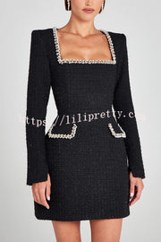 Girly and Glamorous Tweed Fabric Pearl Trim Long Slit Sleeve Pocketed Mini Dress