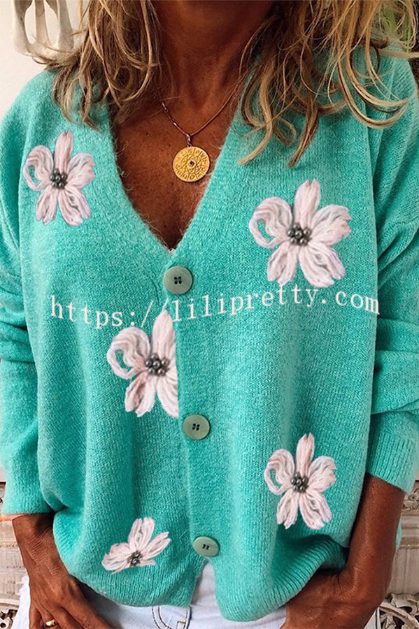 Lilipretty Floral Knit Single Breasted Long Sleeved Cardigan Coats
