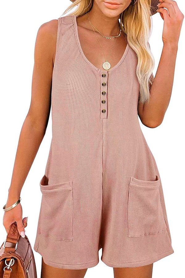 Lilipretty Summer Camping Waffle Fabric Button Up Pocketed Loose Romper