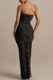 Dulcie Lace and Satin Patchwork Asymmetrical Pleats Bandeau Maxi Dress