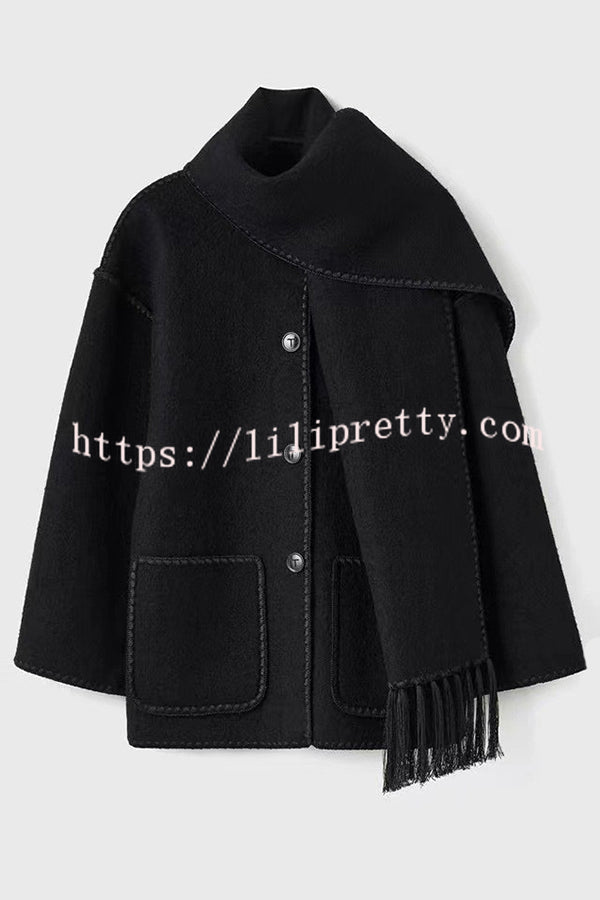 Stylish Loose Pocket Long Sleeve Coat and Warm Fringed Scarf