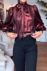 Ariella Metallic Satin Fabric Tie-up Bow Neck Long Sleeve Blouse