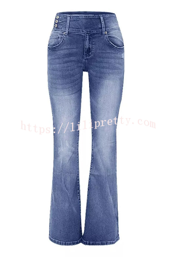 Vintage Side Button Pocket Mid-rise Flared Jeans