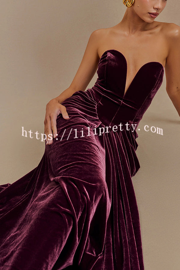 Paige Velvet Off Shoulder Side Pleated Hip Drape Maxi Dress