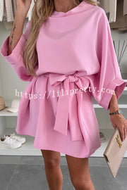 Solid Color Loose Round Neck Belted Mini Dress