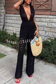 Solid Color Knitted V-neck Holiday Hollow Casual Jumpsuit