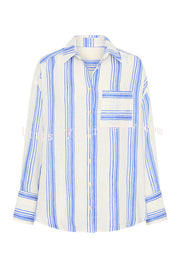Stripe Print Lapel Long-sleeved Casual Shirt and Elastic Waist Loose Shorts Set