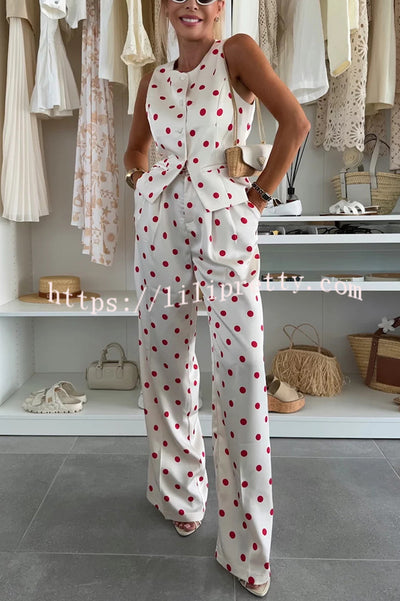 Koreen Polka Dot Round Neck Button Vest and High Rise Pocket Straight Pants Set