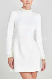 Lovers Kiss Pearl Trim High Neck Long Sleeve Pocketed Tulip Mini Dress