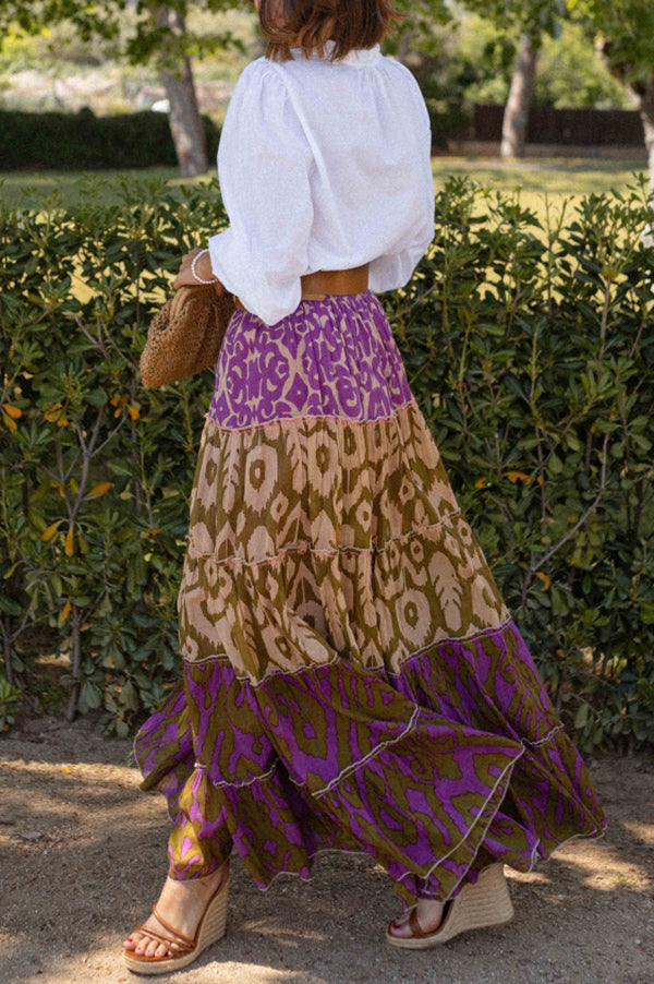 Resort Style Unique Print Elastic Waist Loose Stitching Maxi Skirt