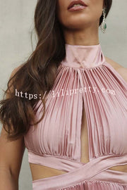 Stunning Choice Satin Pleated Halter High Neck Cutout Waist Backless Maxi Dress