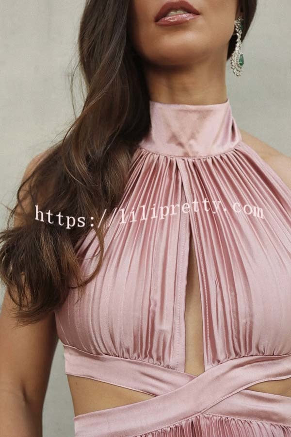Stunning Choice Satin Pleated Halter High Neck Cutout Waist Backless Maxi Dress