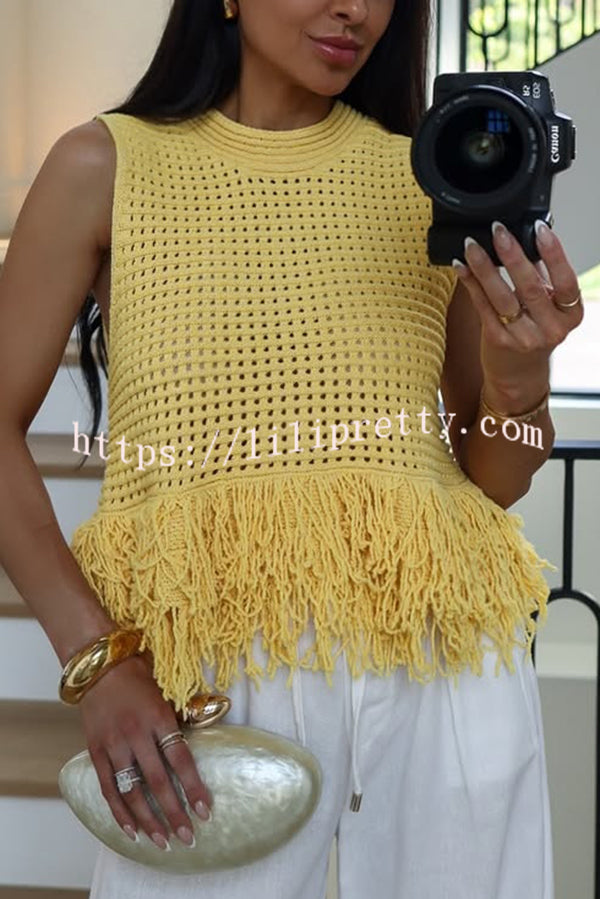 Solid Color Round Neck Sleeveless Hollow Tassel Loose Vest