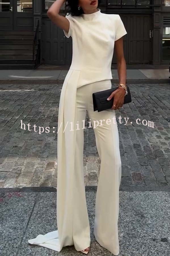 Pippa High Neck Short Sleeve Irregular Drape Hem Top and Elastic Waist Flare Pants Set