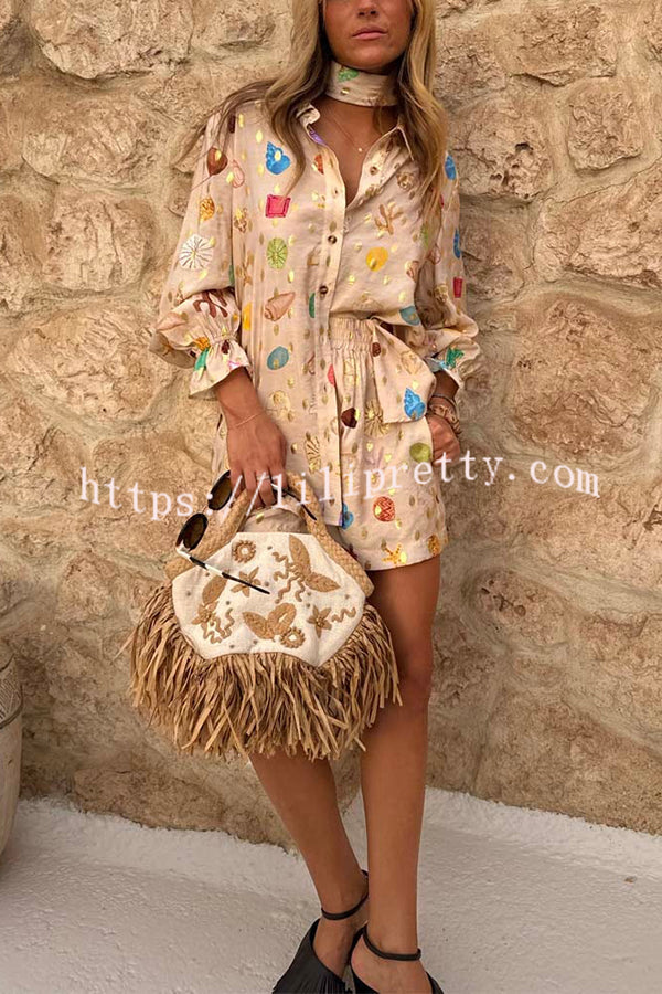 Fashionable Gold Stamping Unique Printing Lapel Long Sleeve Shirt and Elastic Waist Casual Pocket Shorts Set
