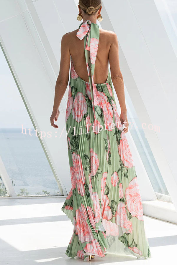 Opera Pleated Floral Halter Asymmetric Hem A-line Maxi Dress