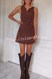 Atlas Faux Suede Open Back Button Accents Zipper Mini Dress